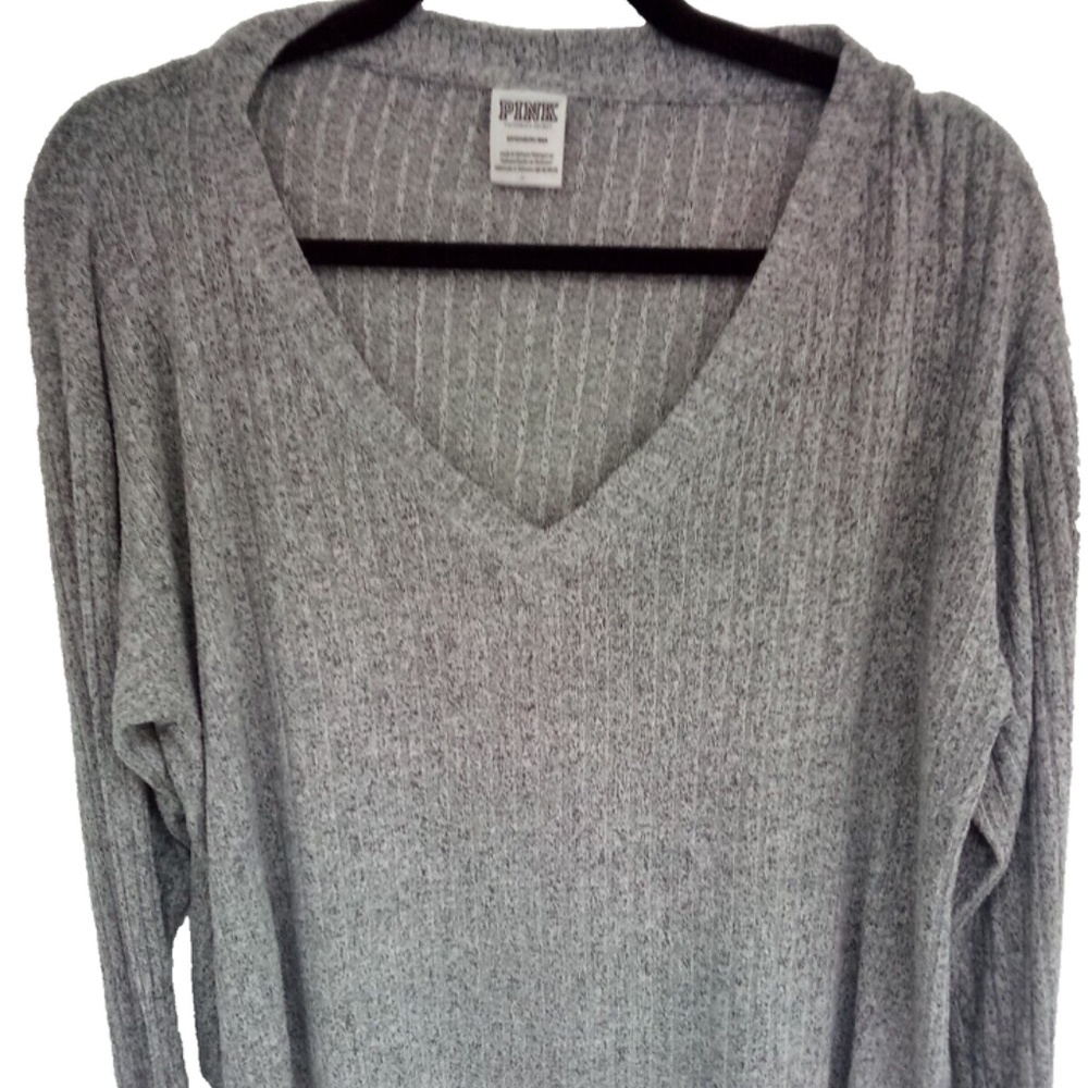 Pink Victoria Secret Active Gray Ribbed Long Sleeve V-Neck Cropped Athltetic Sm
